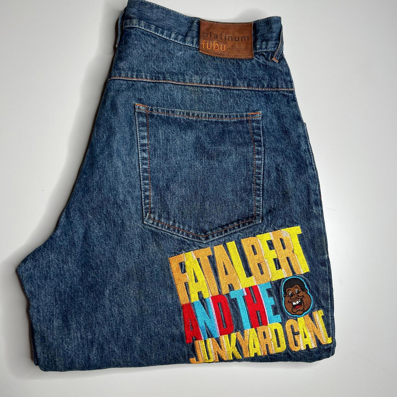 Platinum Fubu Fat Albert Jeans W36 L32 Denim Embroidered Junkyard Hip Hop Y2k